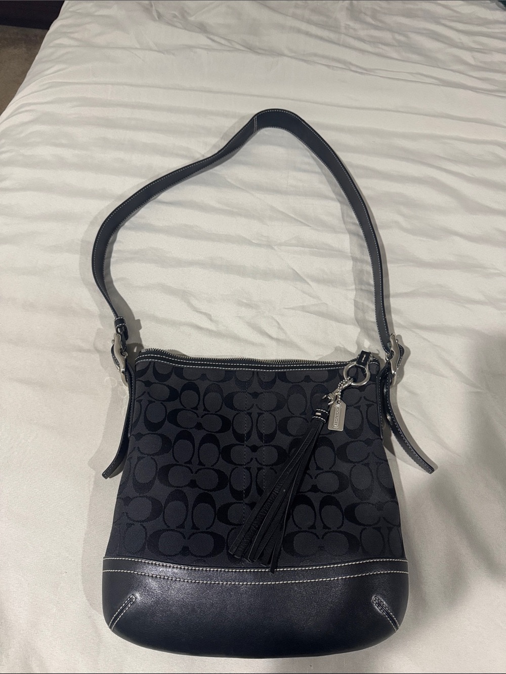Coach Black Signature Jacquard Crossbody Shoulder Bag with Tassel